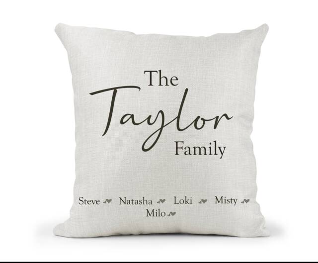 Personalised Family Surname Cushion, Watercolour, , New Home Gift, Baby Grey Hearts - image 1