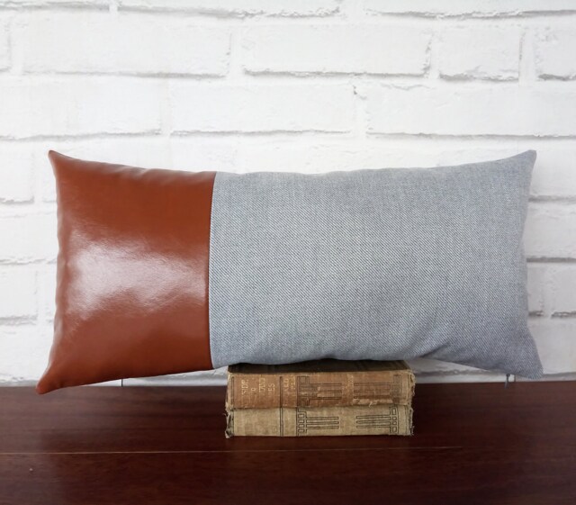 Cognac Faux Leather & Denim Lumbar Pillow Cover, Modern Home Decor - image 1