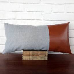 Cognac Faux Leather & Denim Lumbar Pillow Cover, Modern Home Decor - thumbnail 2
