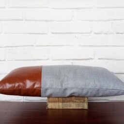 Cognac Faux Leather & Denim Lumbar Pillow Cover, Modern Home Decor - thumbnail 3