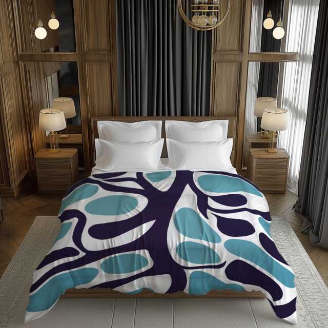 Boho Geometric Scandinavian Comforter, Mid-Century Modern Bedding, Coastal Maximalist, Eclectic Bedroom Decor, Blue On White #139 - image 1