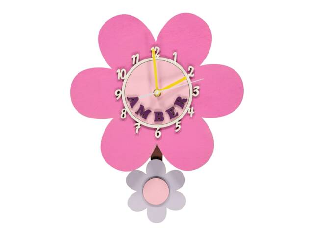 Pink Daisy Flower Personalised Wooden Pendulum Children's Wall Clock - image 1