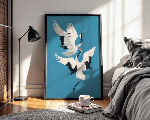 Flying Cranes Art Print - Minimalist Japanese Decor, Blue Crane Poster - image 1