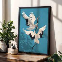 Flying Cranes Art Print - Minimalist Japanese Decor, Blue Crane Poster - thumbnail 3