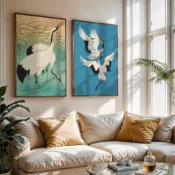 Flying Cranes Art Print - Minimalist Japanese Decor, Blue Crane Poster - thumbnail 2