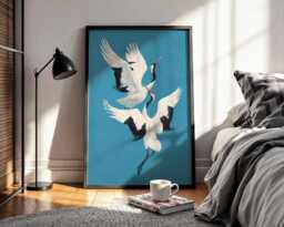 Flying Cranes Art Print - Minimalist Japanese Decor, Blue Crane Poster - thumbnail 1