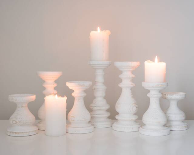Beautiful White Candle Holders Set Of 7 Candlesticks Seven Wooden Pillars Turned Wood Warmhouse Design Magic Cool Decor Farmhouse - image 1
