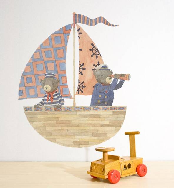 Bears On Sailing Boat Wall Sticker Decal - Kids Stickers, Animals Childrens Decals, Art, Room, Girl, Boy
