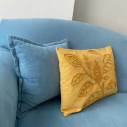 Handmade Punch Needle Pillow Cover Mustard Linen Leaf Design - thumbnail 3