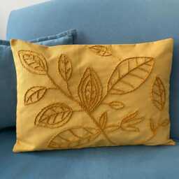 Handmade Punch Needle Pillow Cover Mustard Linen Leaf Design - thumbnail 4