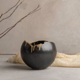Black & Gold Eclectic Succulents Pottery Planter Pot, Decorative Handmade Round Ceramic For Indoor, Four Size Option, Wedding Gift - thumbnail 2