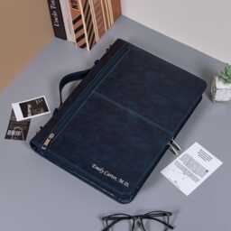 Personalized Navy Blue Leather Portfolio, Engraved Portfolio For Him, Large Padfolio With Handle, Custom A4 Notepad Cover, Business Gift