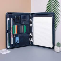 Personalized Navy Blue Leather Portfolio, Engraved Portfolio For Him, Large Padfolio With Handle, Custom A4 Notepad Cover, Business Gift - thumbnail 2