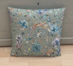Handmade Organic Linen Floral Pillow Cover Teal Botanical Cushion - thumbnail 1