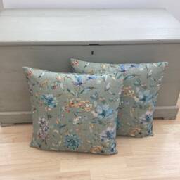 Handmade Organic Linen Floral Pillow Cover Teal Botanical Cushion - thumbnail 2