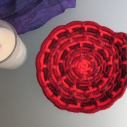 Original Red Drop Stained Glass Effect Coiled Jute Fiber Candle Dish - Votive Included - Made with Many Different Yarns - thumbnail 4