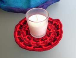Original Red Drop Stained Glass Effect Coiled Jute Fiber Candle Dish - Votive Included - Made with Many Different Yarns
