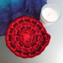 Original Red Drop Stained Glass Effect Coiled Jute Fiber Candle Dish - Votive Included - Made with Many Different Yarns - thumbnail 2