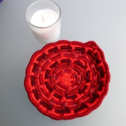 Original Red Drop Stained Glass Effect Coiled Jute Fiber Candle Dish - Votive Included - Made with Many Different Yarns - thumbnail 3