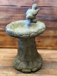 Stone Garden Brick/Stone Effect Leaf Detailed Bird Bath + Statue Ornament - thumbnail 1