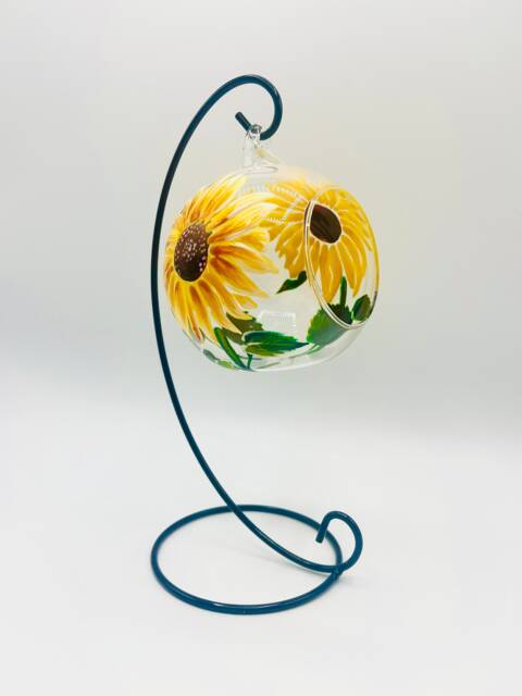 Hand Painted Tealight Holder/Sunflowers/ Hanging Glass Sphere With Ornament Stand - image 1