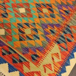 Afghan Kilim Rug, Handmade Artisan Multicoloured Natural Wool Flatweave, Geometric Design 149x98 cm - thumbnail 4