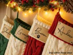 Custom Christmas Knitted Stockings, Personalized Stocking With Leather Patch, 2026 Stockings With Name, Family