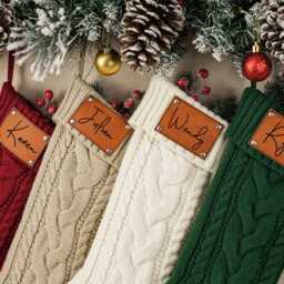 Custom Christmas Knitted Stockings, Personalized Stocking With Leather Patch, 2026 Stockings With Name, Family - thumbnail 4