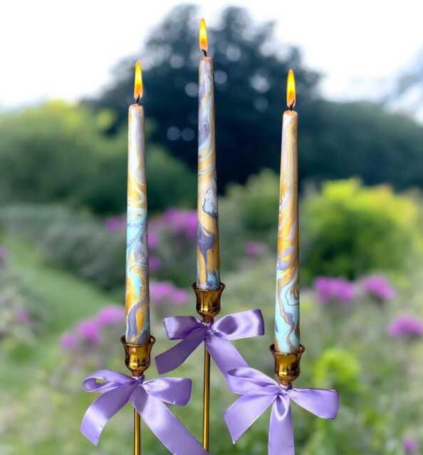 Handmade Marble Taper Candles Blue Gold Purple Dinner Candles - image 1