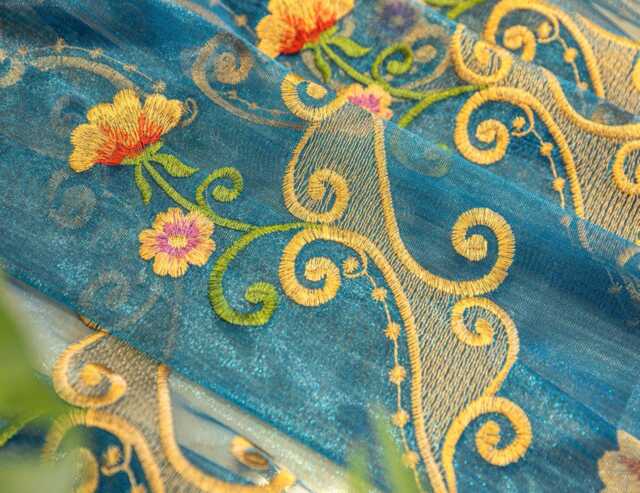 Blue Sheer Voile Curtain Gold & Floral Embroidery Custom Made - image 1