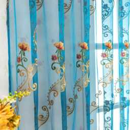 Blue Sheer Voile Curtain Gold & Floral Embroidery Custom Made - thumbnail 2