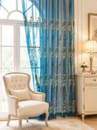Blue Sheer Voile Curtain Gold & Floral Embroidery Custom Made - thumbnail 1