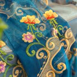 Blue Sheer Voile Curtain Gold & Floral Embroidery Custom Made - thumbnail 2