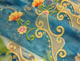 Blue Sheer Voile Curtain Gold & Floral Embroidery Custom Made - thumbnail 1