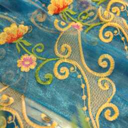 Blue Sheer Voile Curtain Gold & Floral Embroidery Custom Made - thumbnail 4