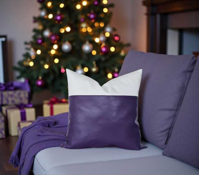 Purple Faux Leather Pillow Cover Christmas White Cotton, Mid-Century Decor - image 1
