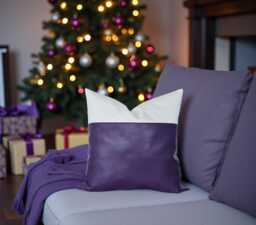 Purple Faux Leather Pillow Cover Christmas White Cotton, Mid-Century Decor - thumbnail 1