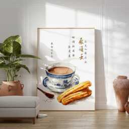 Chinese Breakfast Poster, Soy Milk & Youtiao Wall Art, Blue Porcelain Teacup Print, Minimalist Asian Kitchen Decor, Artwork - thumbnail 3