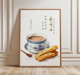 Chinese Breakfast Poster, Soy Milk & Youtiao Wall Art, Blue Porcelain Teacup Print, Minimalist Asian Kitchen Decor, Artwork - thumbnail 1