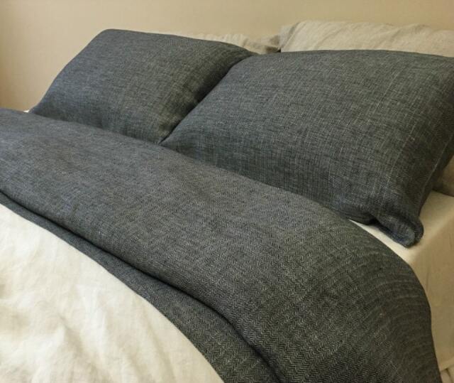 Chevron Ink Linen Duvet Cover, Bedding Made From 100% Flax Linen, Weave Herringbone - image 1