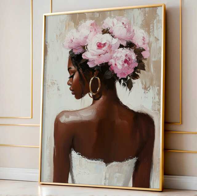 Black Woman Wall Art Print - Floral Portrait Poster Pink Peony Crown Painting Feminine Neutral Decor Modern Afrocentric Home - image 1