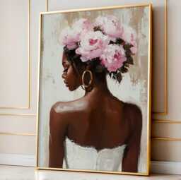 Black Woman Wall Art Print - Floral Portrait Poster Pink Peony Crown Painting Feminine Neutral Decor Modern Afrocentric Home - thumbnail 1