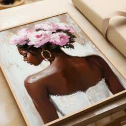 Black Woman Wall Art Print - Floral Portrait Poster Pink Peony Crown Painting Feminine Neutral Decor Modern Afrocentric Home - thumbnail 3