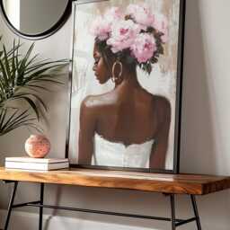 Black Woman Wall Art Print - Floral Portrait Poster Pink Peony Crown Painting Feminine Neutral Decor Modern Afrocentric Home - thumbnail 2