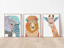 African Animal Print Set Of 3, Nursery Decor, Colourful Safari Art, Wall Kids Room Elephant, Giraffe, Lion - thumbnail 1