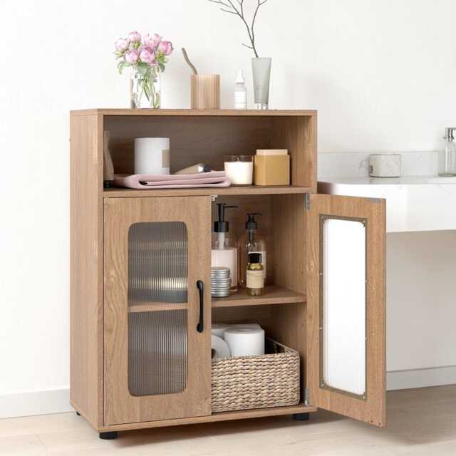 Bathroom Storage Cabinet Freestanding Wooden Organizer With Adjustable Shelf & Double Doors - image 1