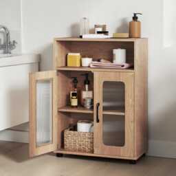 Bathroom Storage Cabinet Freestanding Wooden Organizer With Adjustable Shelf & Double Doors - thumbnail 3