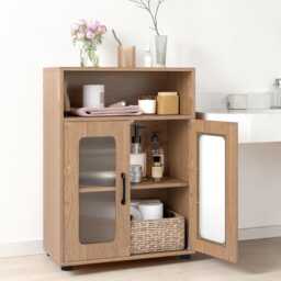 Bathroom Storage Cabinet Freestanding Wooden Organizer With Adjustable Shelf & Double Doors