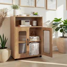Bathroom Storage Cabinet Freestanding Wooden Organizer With Adjustable Shelf & Double Doors - thumbnail 2