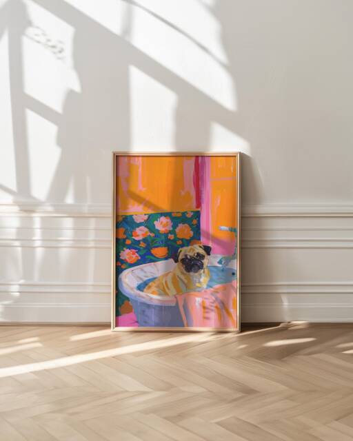 Pug in Tub Art Print Trendy Maximalist Dog Decor - image 1